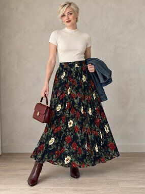 Separate Scene Floral Print Women's Vintage Maxi Skirt 80s Elastic Waist Large